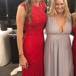 Long, red, lace dress